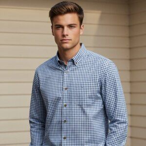 David Donahue Blue Gingham Button Down Shirt XL 100% Cotton Long Sleeve